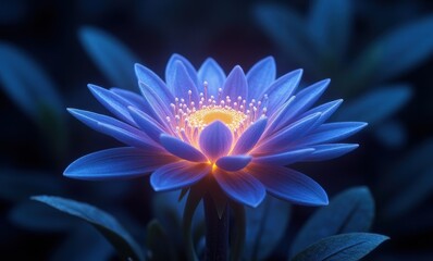 Glowing blue lotus in dark setting