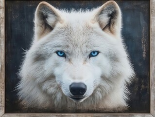 Obraz premium intense gaze of a white wolf, featuring piercing blue eyes that reflect wisdom and strength, framed by a dark, mysterious backdrop that accentuates its majestic presence