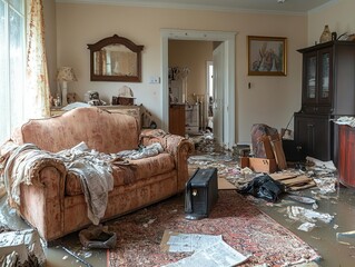 interior scene of a home affected by flooding, featuring displaced items and water-damaged furniture, capturing the impact of a natural disaster on personal spaces