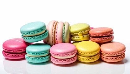 Obraz premium A variety of colorful macarons arranged against a white backdrop. Generated with AI.