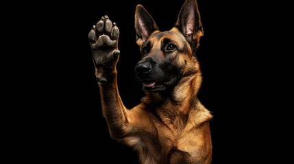 A German Shepherd dog raises its paw in a playful gesture against a black background.