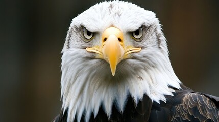 Fototapeta premium A close-up portrait of a bald eagle with a sharp, intense gaze.