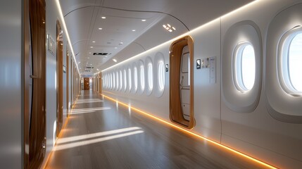 Obraz premium Explore the modern airplane cabin featuring emergency exit path lighting for safe travel experiences at the airport
