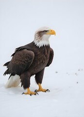 A bald eagle perched on a snowy surface, with its wings partially spread and its sharp beak visible