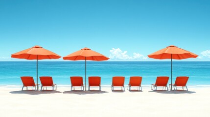Four orange umbrellas and lounge chairs on a white sandy beach.