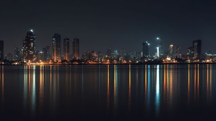 Fototapeta premium A panoramic view of a city skyline at night, with the lights of the buildings reflected in the water.