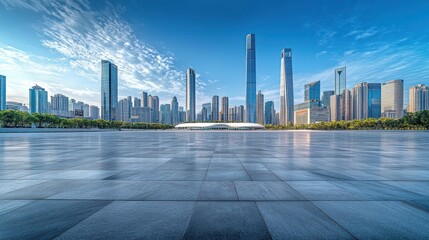 A vibrant city skyline featuring modern skyscrapers under a clear blue sky, with a spacious plaza...