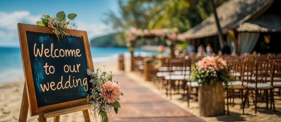 A serene beach wedding setup with a welcome sign, decorated chairs, and beautiful floral arrangements against a backdrop of blue skies and water.