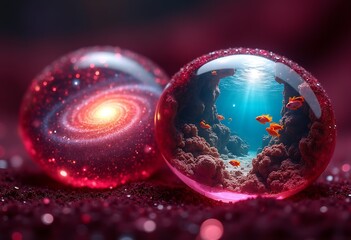 Stunning cosmic and aquatic decorative orbs featuring galaxies and underwater scenes
