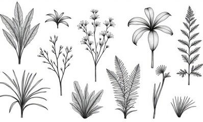 Elegant black and white botanical illustrations