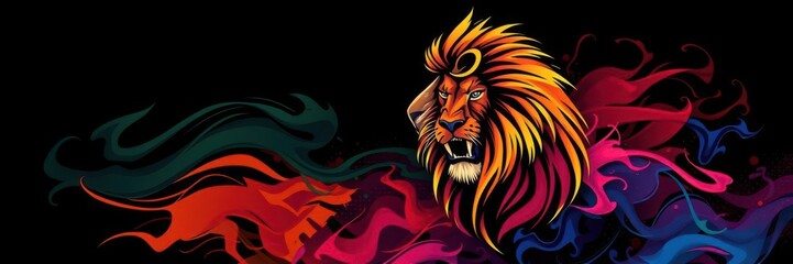 Artistic lion with colorful abstract patterns on a black background, graphic design, predator, artistic