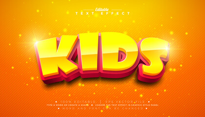 Kids 3D Text Effect Design Editable and Scalable Vector Graphic Style Effect with Yellow and Red Typography Lettering with Shadow on Shiny Background. Premium Illustration Template for Greeting Card