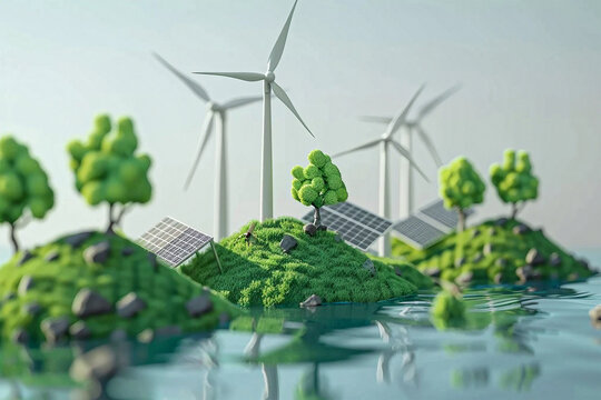Small islands with grass, trees, solar panels, and wind turbines on water. Miniature scene.