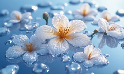 Delicate white blossoms with dew drops