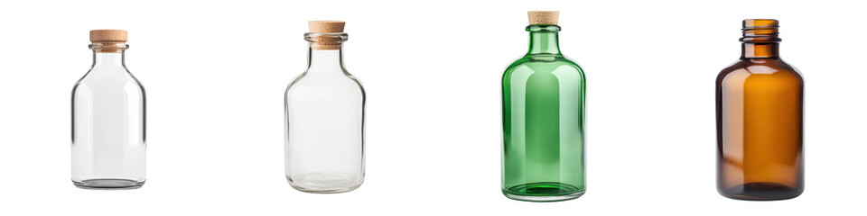 Assortment of Various Transparent Glass Bottles for Alcoholic Beverages Such as Whiskey Rum Gin and Vodka with Wooden Corks and Stoppers on a White Background