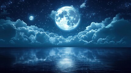 A full moon shines brightly over a calm ocean with a star-filled sky and clouds.