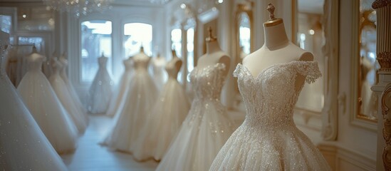 An elegant bridal boutique featuring exquisite wedding gowns on display, showcasing intricate designs and a romantic atmosphere.