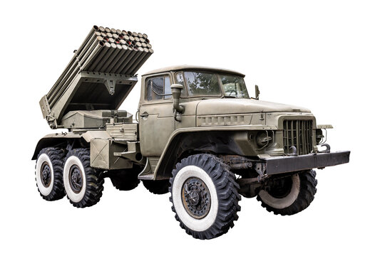 Launcher of volley fire Grad based on the military truck on white background