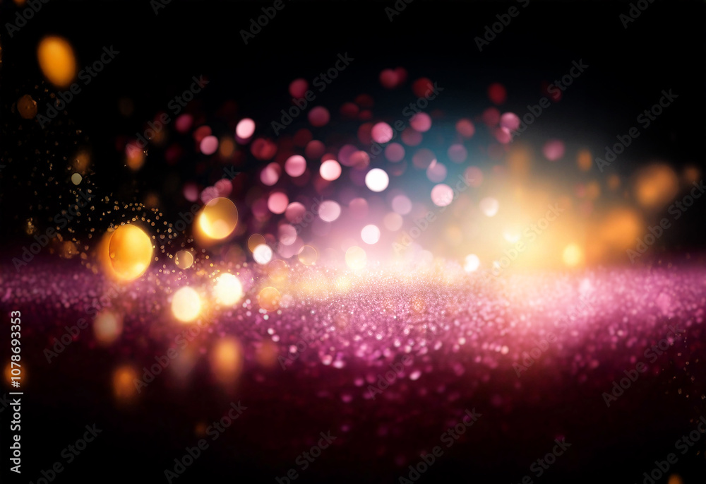 Poster A dark background with a scattering of colorful bokeh and a shimmering surface in the foreground.