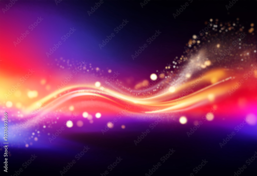 Poster golden light wave on a black background with bokeh.