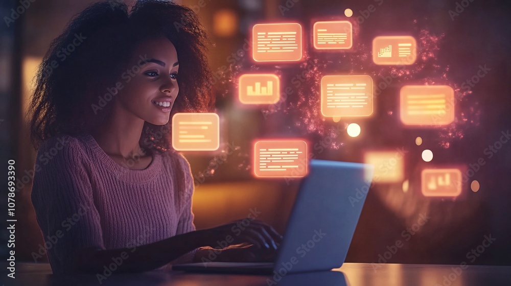 Fototapete Employee resolving a customer query via online chat interface, set in a relaxed and professional workspace, emphasizing accessibility with side empty space for text Stockphoto style