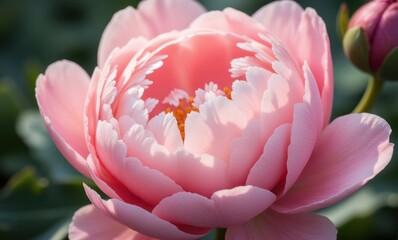 Delicate pink peony in soft sunlight