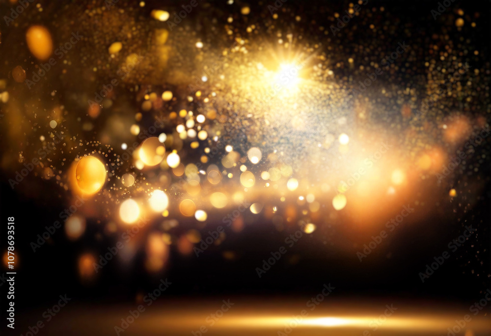 Aufkleber a black background with a bright golden light source. the light creates a glow and bokeh effect, mak