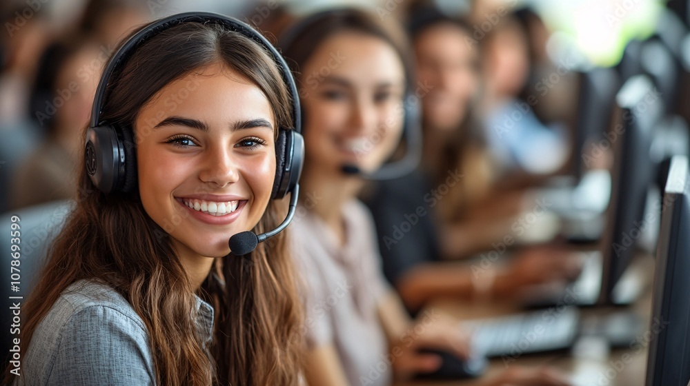 Fototapete Group of customer service staff smiling together in an open-plan office, showcasing a friendly and supportive team environment with side empty space for text Stockphoto style