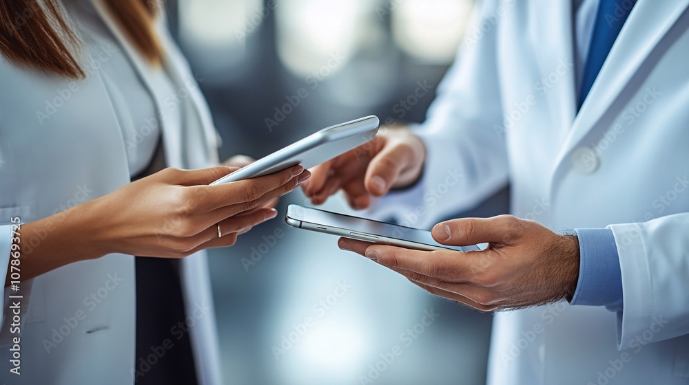 Fototapete Professional service agent showing a digital solution on a smartphone to a customer, suggesting mobile accessibility and support with side empty space for text Stockphoto style