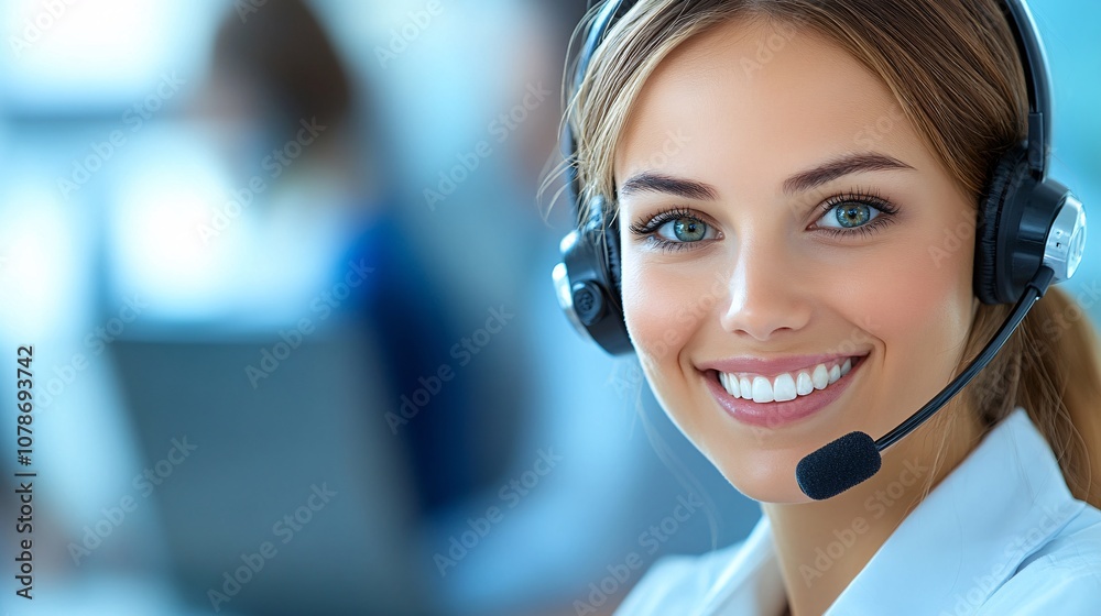 Poster support agent sitting at a desk with a laptop, a headset, and a friendly expression, radiating relia