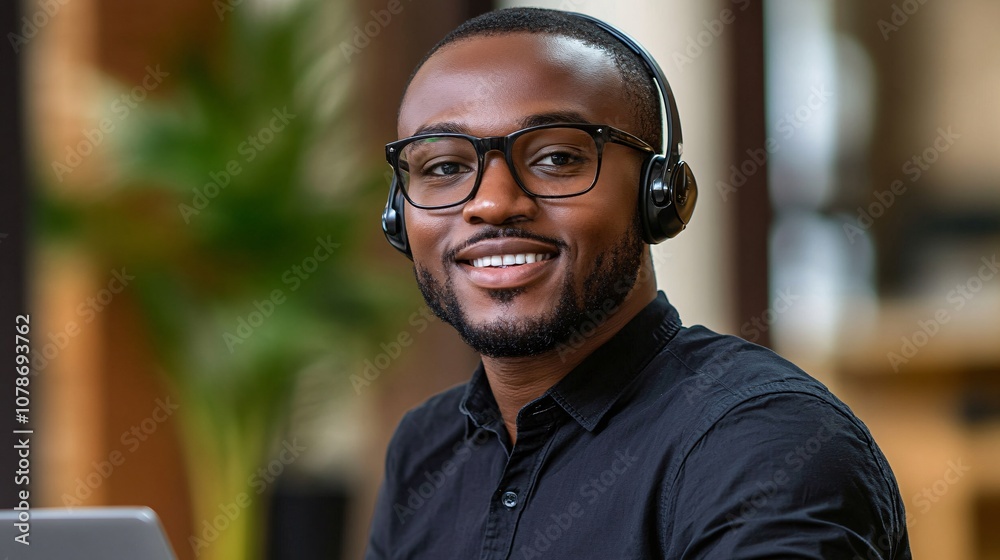 Poster Support agent sitting at a desk with a laptop, a headset, and a friendly expression, radiating reliability with side empty space for text Stockphoto style