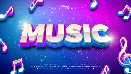 Music 3D Text Effect Design Editable and Scalable Vector Graphic Style Effect with Blue and Magenta Gradient Typography Lettering and Shadow on Striped Background. Premium Illustration Template With