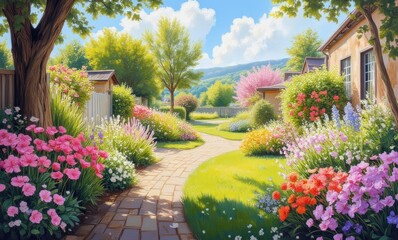 Colorful flower garden pathway