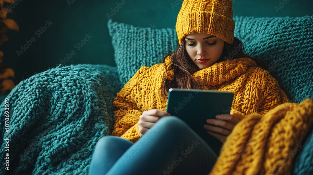 Aufkleber Employee using a tablet to solve a customer issue in a comfortable lounge setting, representing accessible and friendly customer support with side empty space for text Stockphoto style