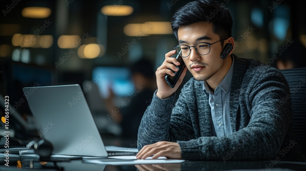 Poster Service agent seated at a desk with a notepad and laptop, engaged in a helpful phone conversation, conveying dedication with side empty space for text Stockphoto style