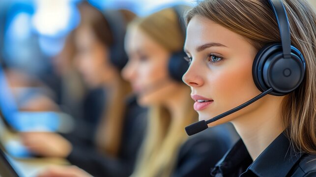 Customer service team in a well-lit, collaborative office, each agent working on a laptop, symbolizing unity and team spirit with side empty space for text Stockphoto style