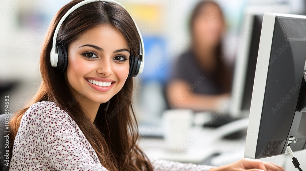 Poster Customer service agent wearing headphones, typing efficiently on a computer in a modern office, suggesting focus and professionalism with side empty space for text Stockphoto style