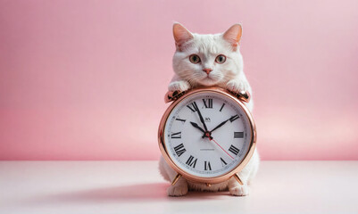 A white cat sits in front of a pink background, holding a gold clock with its paws