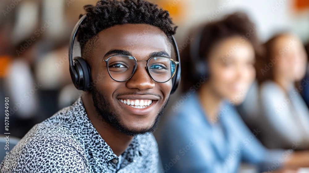 Canvas Prints Professional customer support agent taking notes while listening to a client on a call, showing dedication to solving issues with side empty space for text Stockphoto style