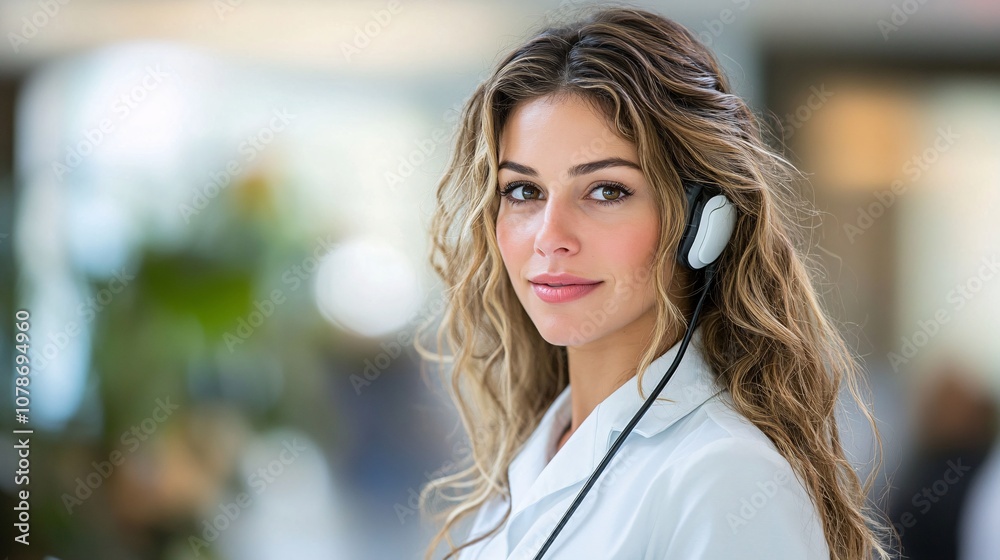 Poster Professional customer support agent taking notes while listening to a client on a call, showing dedication to solving issues with side empty space for text Stockphoto style