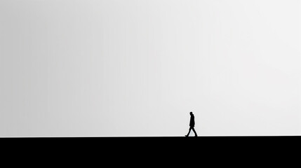 Fototapeta premium A man is walking down a hill with a skateboard. The image is black and white, giving it a somber and melancholic feel