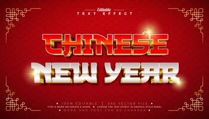 Chinese New Year 3D Text Effect Design Editable and Scalable Vector Graphic Style Effect with Red and White Typography Lettering with Golden Frame on Scaly Pattern Background. Lunar New Year