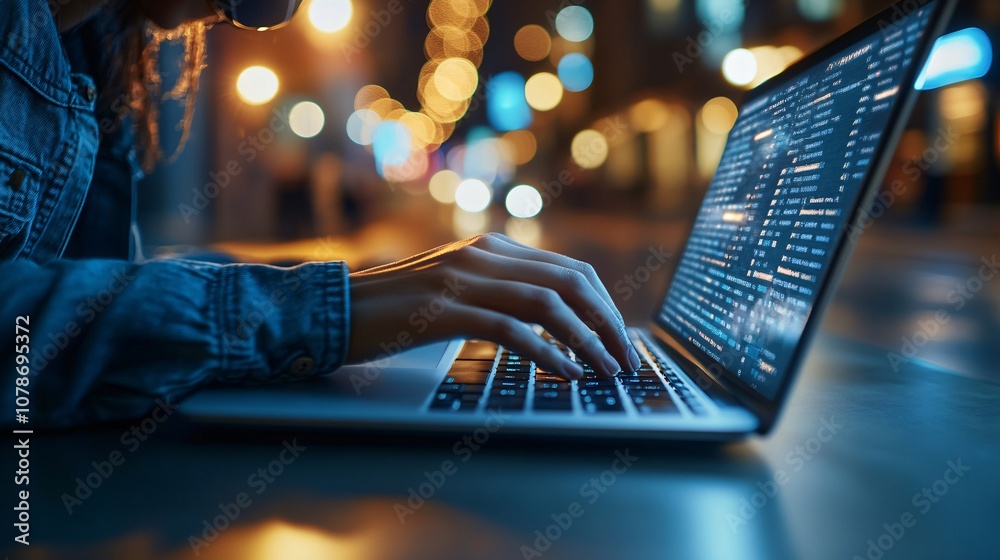 Poster Engaged customer service agent wearing headphones and typing on a laptop in a well-lit workspace, representing efficiency with side empty space for text Stockphoto style