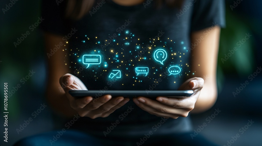 Leinwandbilder Digital customer support chat screen on a tablet with real-time responses, indicating rapid and easy access to help with side empty space for text Stockphoto style