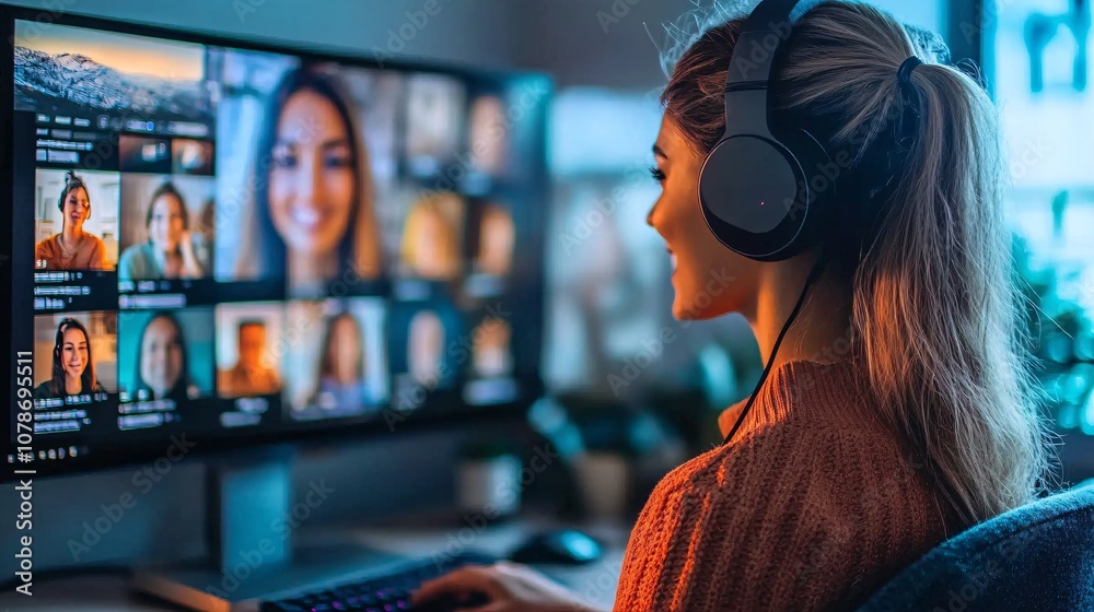 Sticker Support agent guiding a customer over a video call with a clear, friendly expression, showing personalized support with side empty space for text Stockphoto style