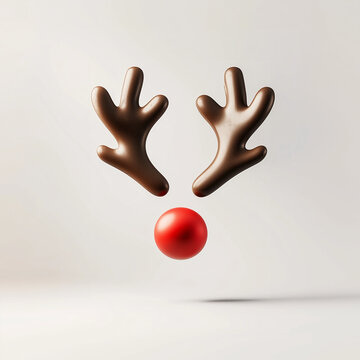 Reindeer made of chocolate antlers and a red candy like nose floating in the air on a white background. Minimal reindeer concept. Christmas idea