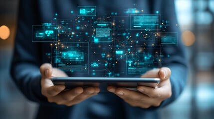 Digital customer support chat screen on a tablet with real-time responses, indicating rapid and easy access to help with side empty space for text Stockphoto style