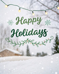 Classic Green Happy Holidays Script Greeting Card with Light Dots and Snow on White Background