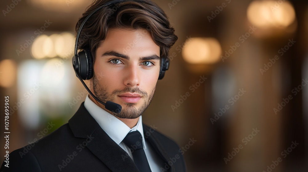 Poster Professional customer service agent using a headset, looking at a screen with focused attention, conveying reliability with side empty space for text Stockphoto style