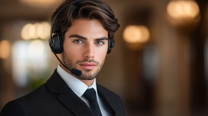 Professional customer service agent using a headset, looking at a screen with focused attention, conveying reliability with side empty space for text Stockphoto style